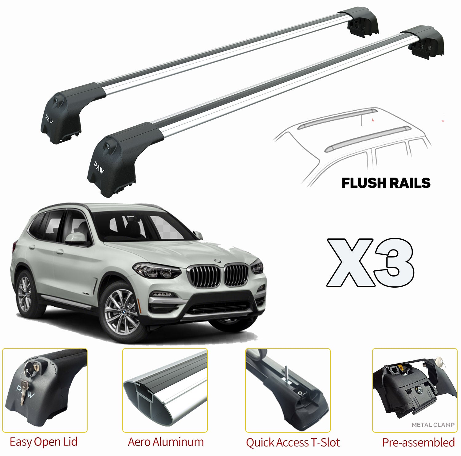 Compatible for Bmw X3 G01 Roof Rack Cross Bars For of Flush Bars Silver 2018- Up Compatible for Bmw X3 G01 Roof Rack Cross Bars For of Flush Bars Silver 2018- Up